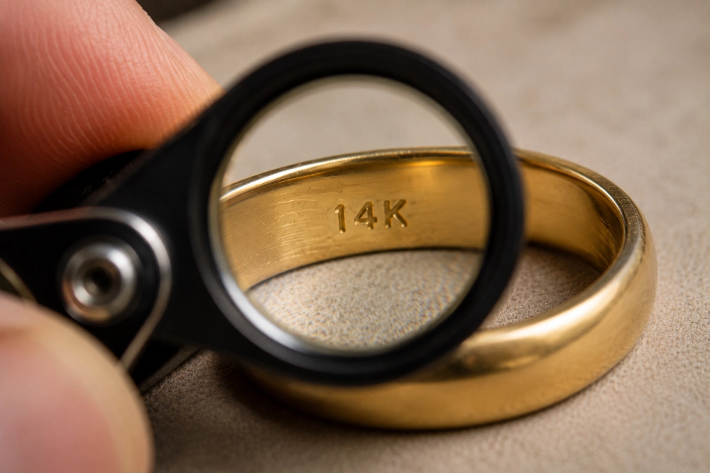 14K hallmark inside a gold ring viewed through a jeweler's loupe