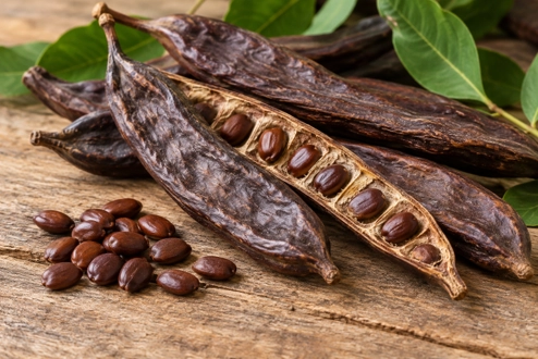Carob pods and brown carob seeds on a wooden surface