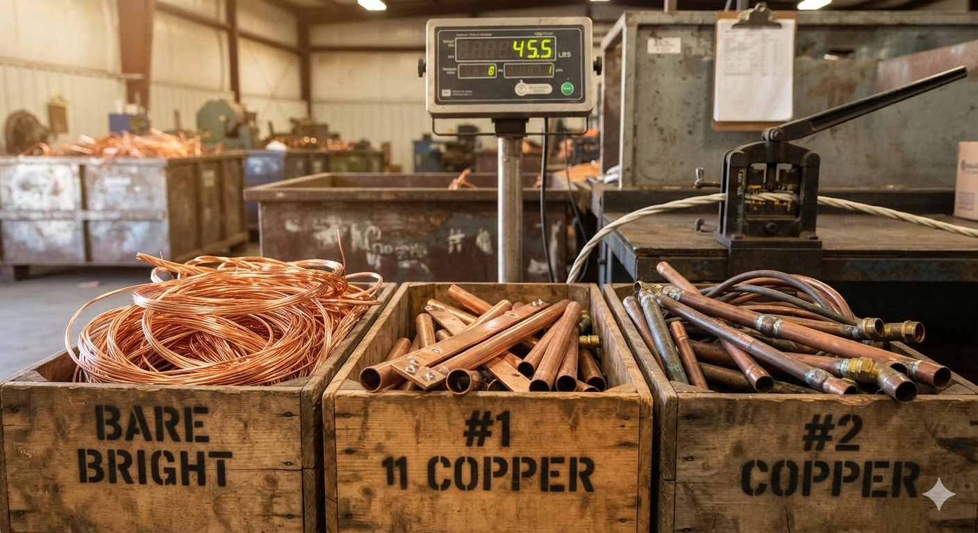 Scrap copper sorted into Bare Bright, #1 Copper and #2 Copper grades