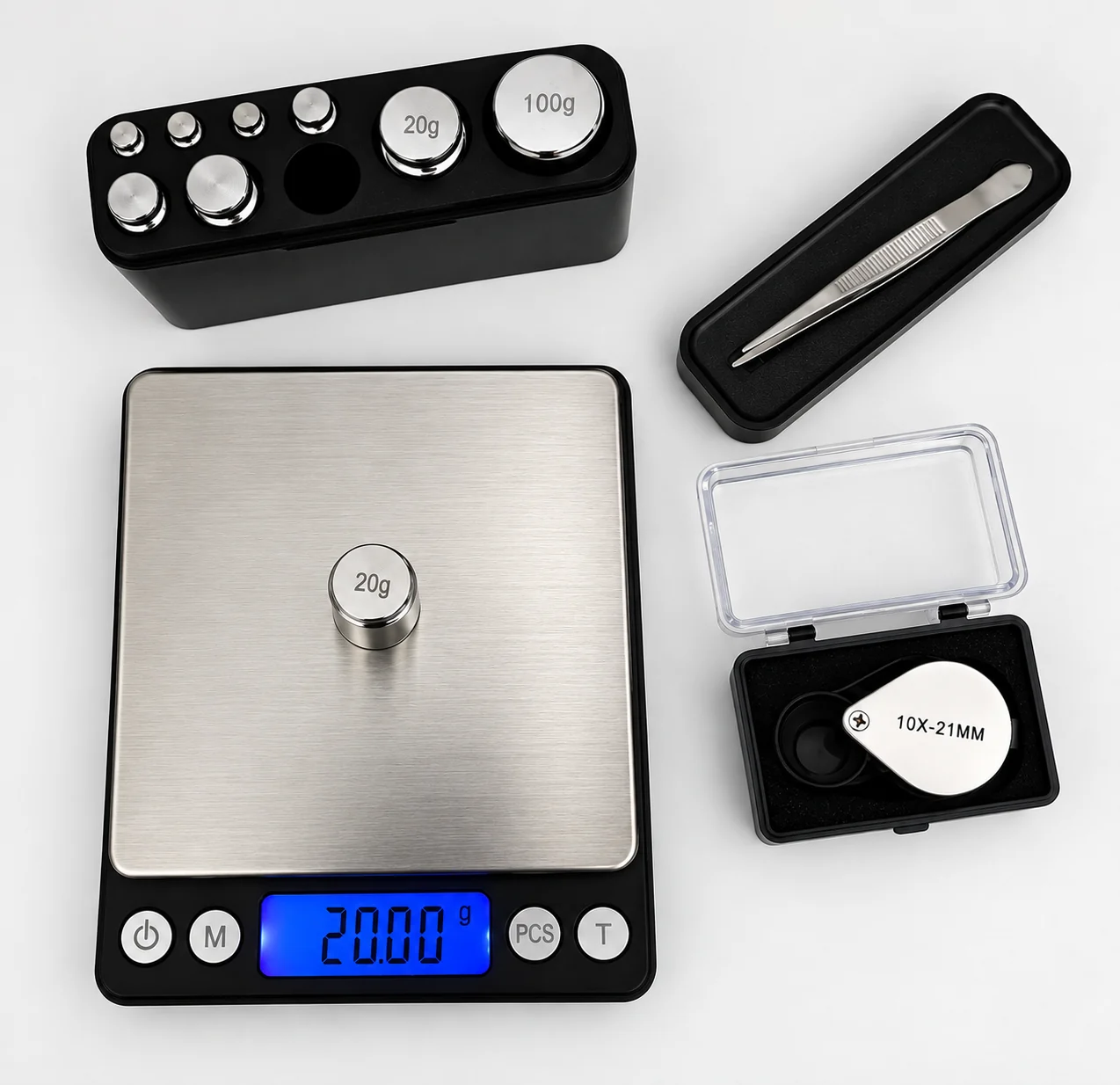Digital jewelry scale, calibration weights, jeweler's loupe and tweezers used to prepare for a gold-buying event