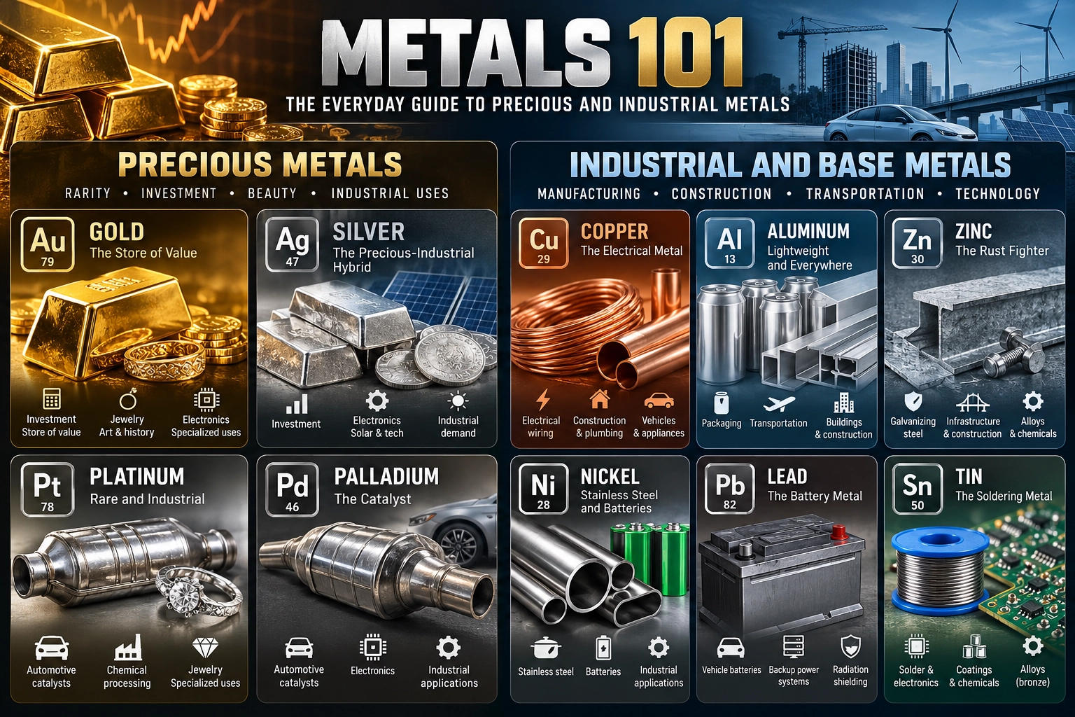 Metals 101 infographic showing gold, silver, platinum, palladium, copper, aluminum, zinc, nickel, lead and tin