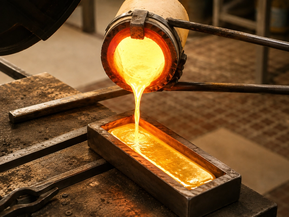 Molten gold being poured from a crucible into a rectangular bar mold