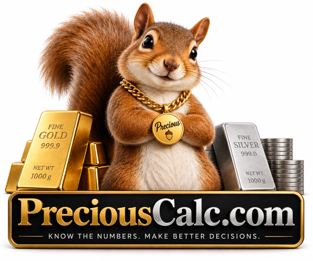 Precious, the PreciousCalc squirrel mascot, with gold and silver and the PreciousCalc.com sign