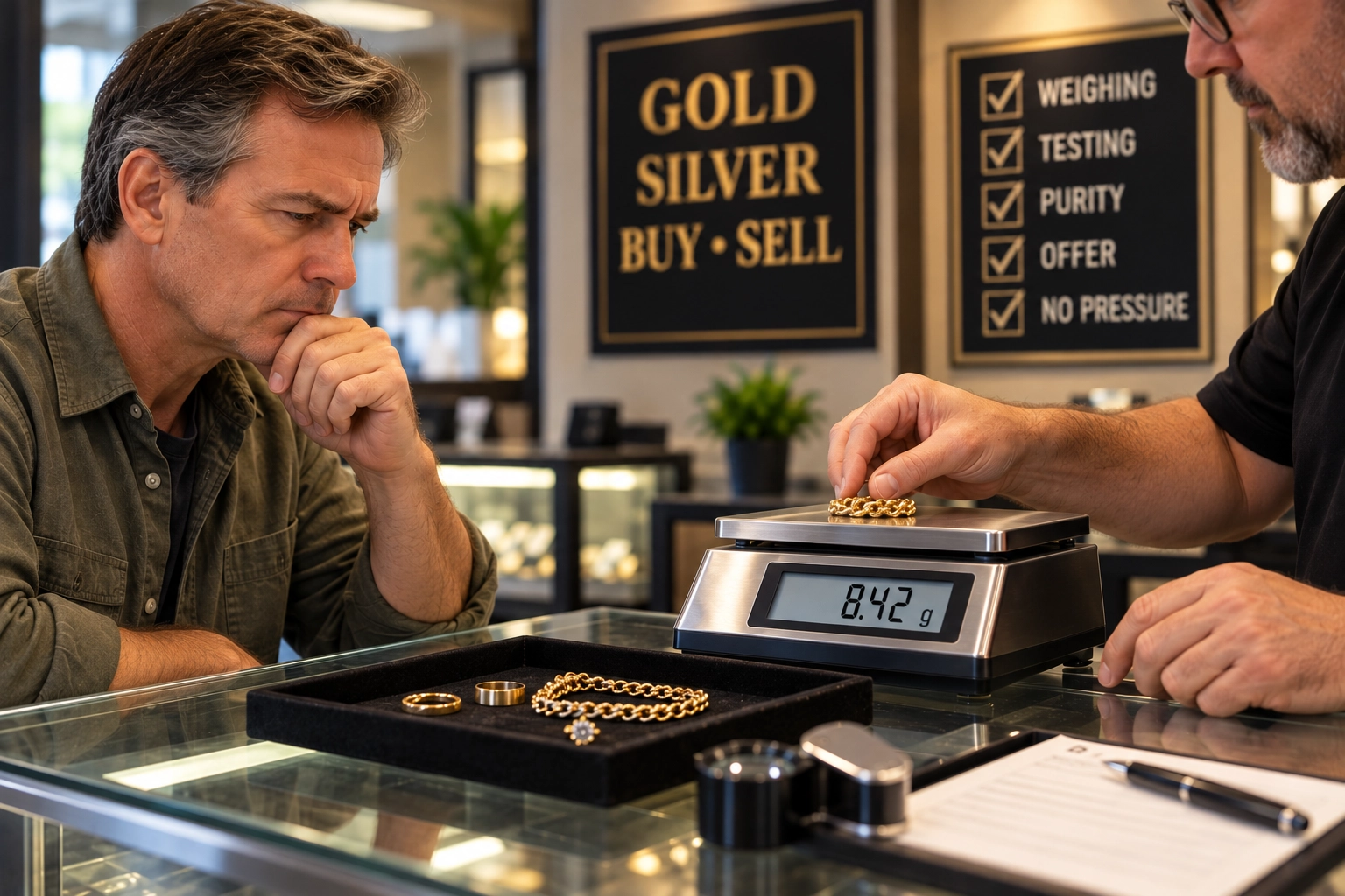 A gold seller carefully watching jewelry being weighed during a gold-buying transaction