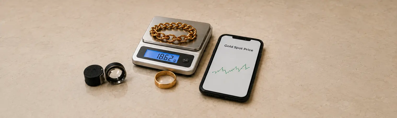 Gold jewelry on a digital scale beside a phone showing a gold spot price chart