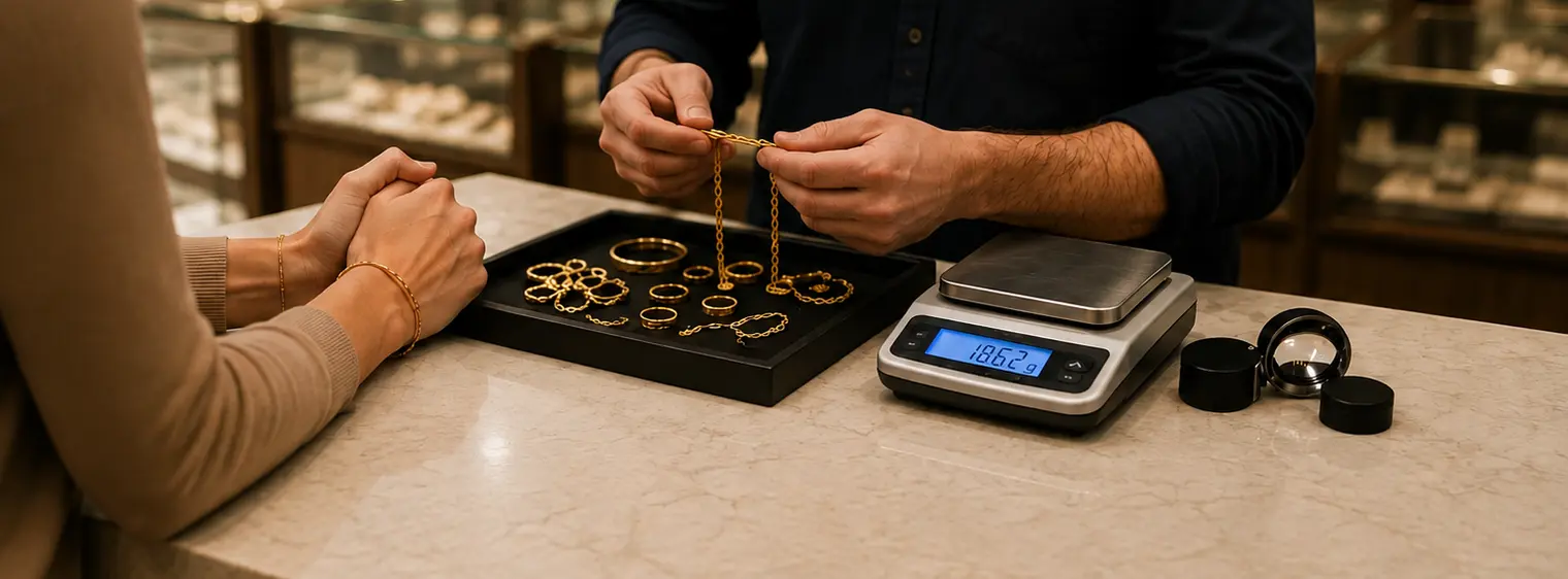 Gold buyer examining jewelry at a counter beside a digital scale