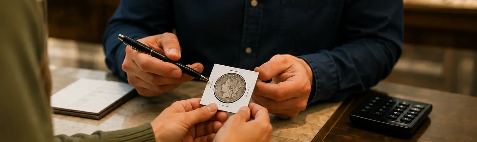A collectible coin being examined by a buyer during a transaction