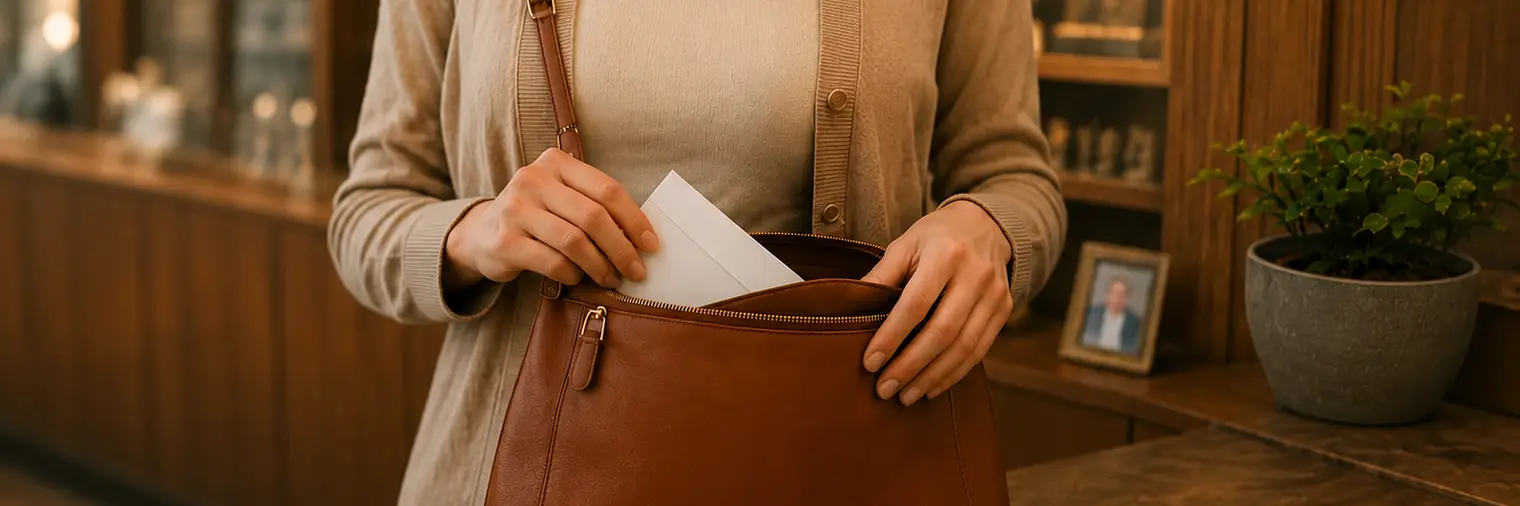 Seller placing a payment envelope securely into a purse before leaving the buyer