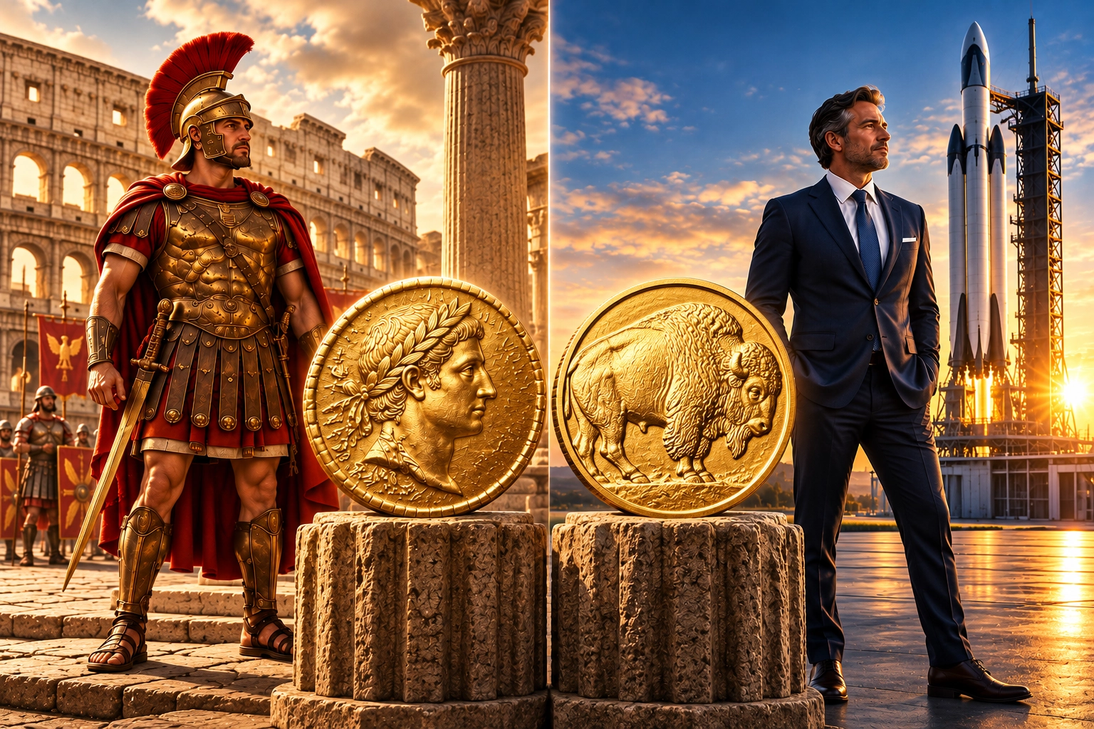 Ancient Roman soldier and gold coin contrasted with a modern businessman, American Gold Buffalo coin and space technology