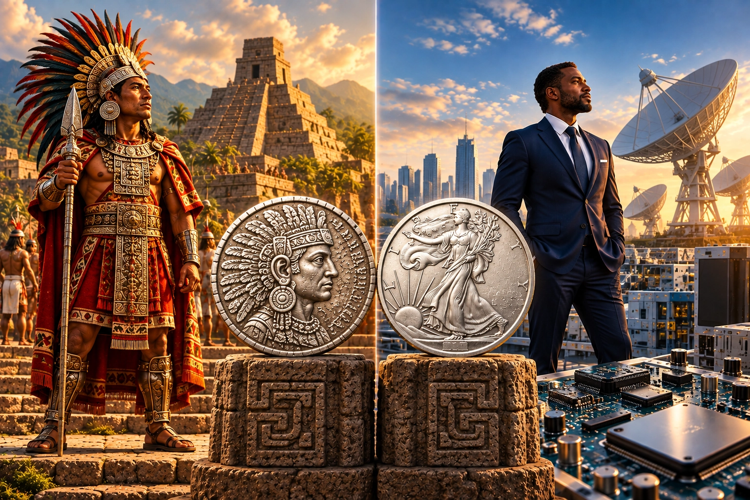 Ancient Mesoamerican silver imagery contrasted with a modern professional, silver coin, electronics and communications technology